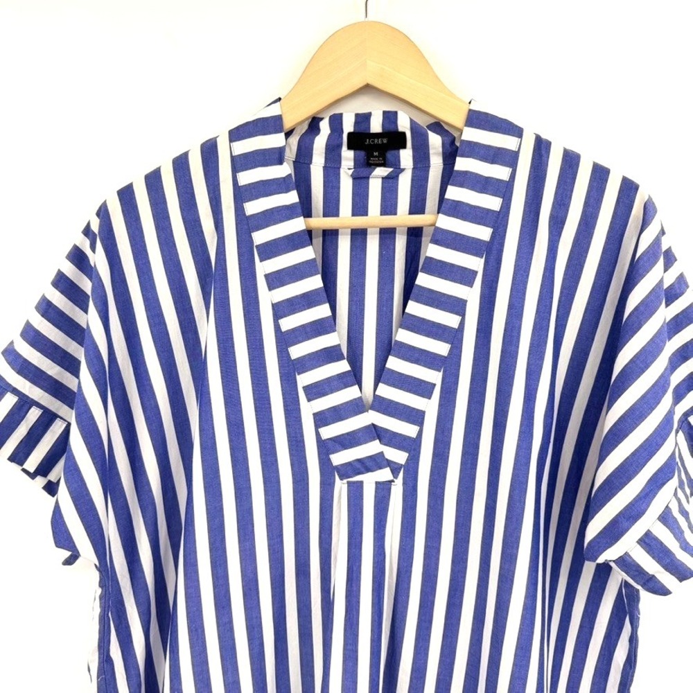 J.Crew Striped Blue White Midi Dress Cotton Poplin V-Neck Short Sleeve Size M - Picture 3 of 12
